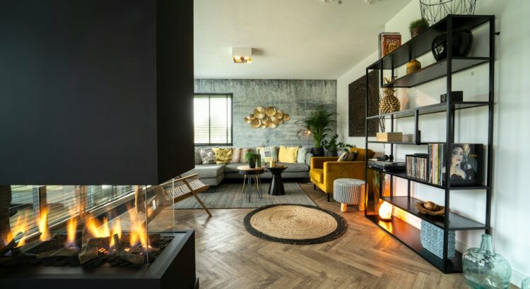 black fireplace near black flat screen tv