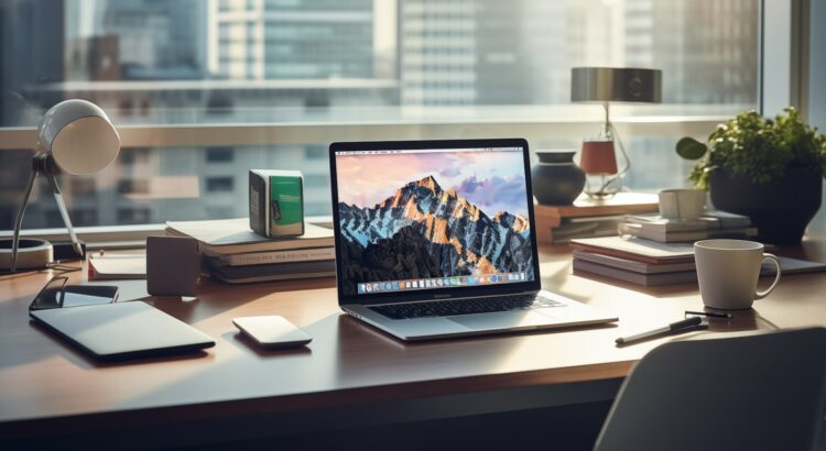 a laptop computer sitting on top of a wooden desk